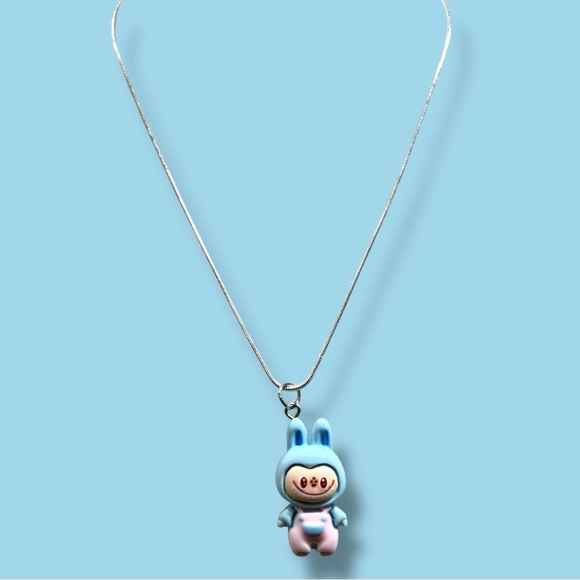 Jewelry - Cute Blue and Pink Bunny Pendant sterling silver Necklace